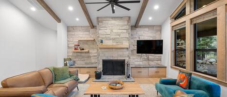 TV connectée, cheminée, livres, espaces bureaux