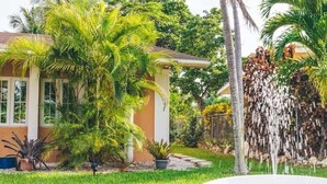 Une maison avec un jardin, une fontaine et des palmiers.
