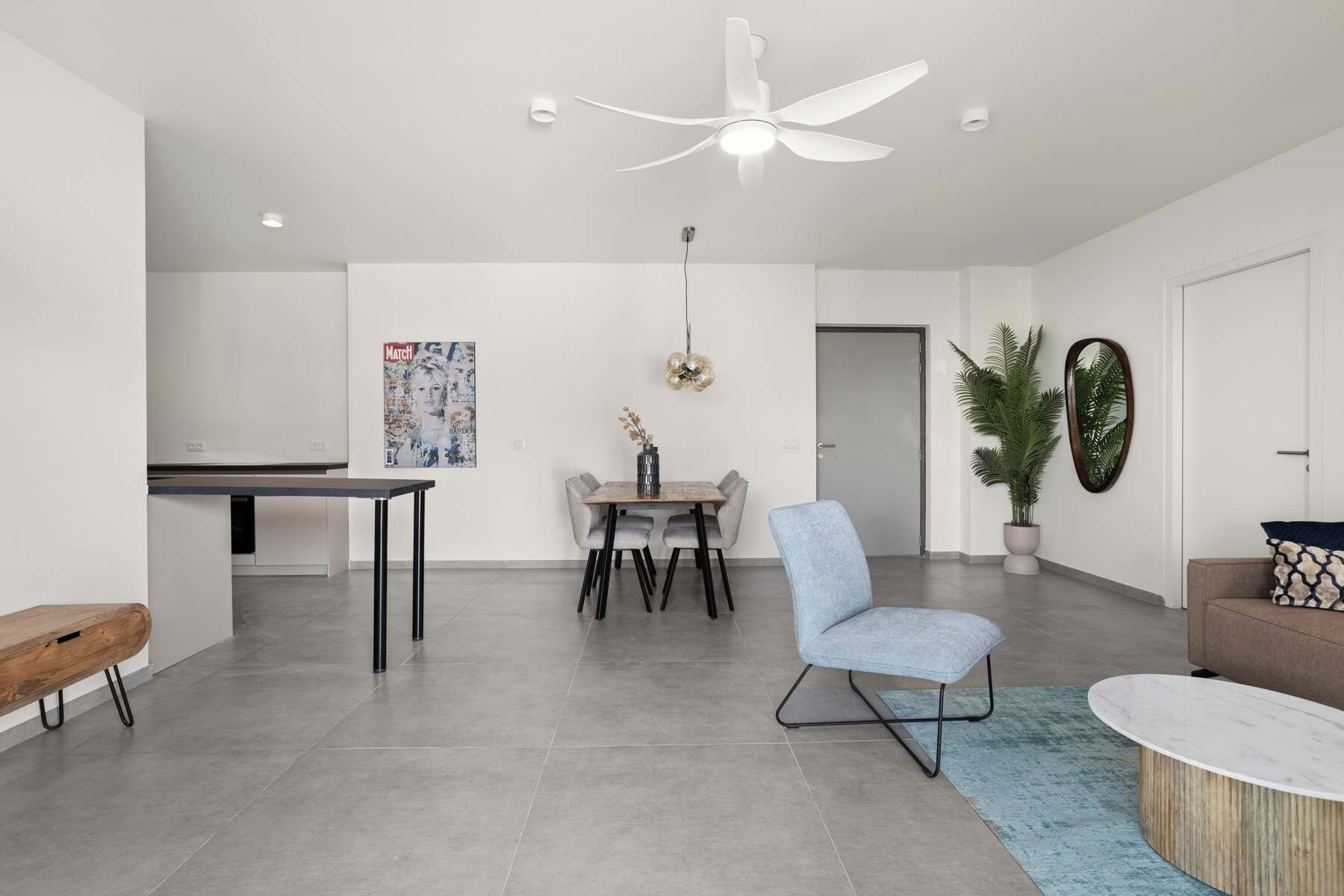 Un salon moderne comprenant un coin repas, un ventilateur de plafond, une plante en pot et un miroir fixé au mur.