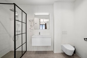 A modern bathroom with a glass shower enclosure, a white sink, a mirror, and a toilet. - Bonaire Beach Apartments 10 with a refreshing shared pool and spectacular sea views (Kralendijk)