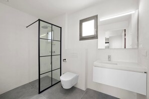 Enjoy a refreshing shower in the sleek bathroom with a glass-enclosed shower area, white toilet, and sink.