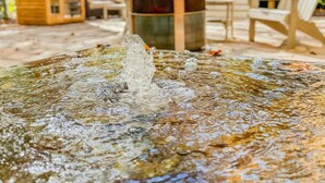 A wooden cabin with a water feature in the foreground.