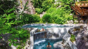A hot spring surrounded by lush greenery and a wooden deck.