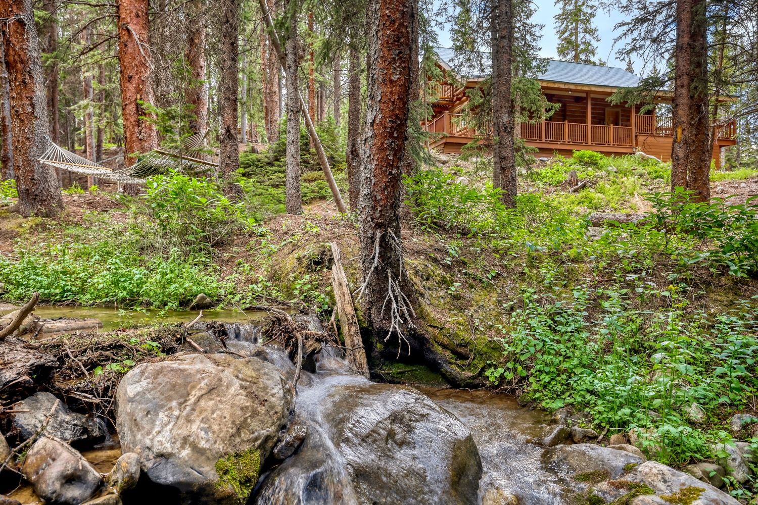 Un área boscosa con una cabaña de madera y un arroyo.