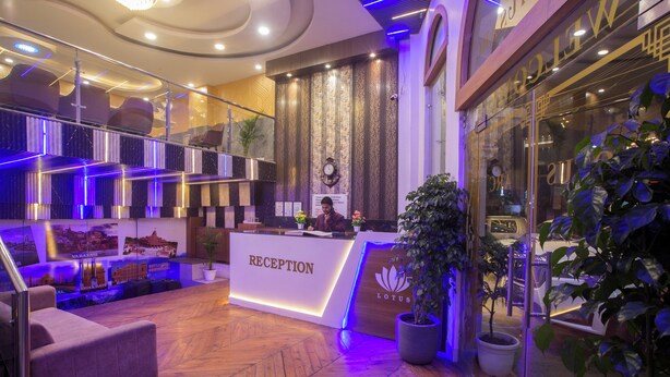 A reception area with a modern design, featuring a reception desk, seating area, and potted plants. - Hotel Lotus Arc (New Delhi)