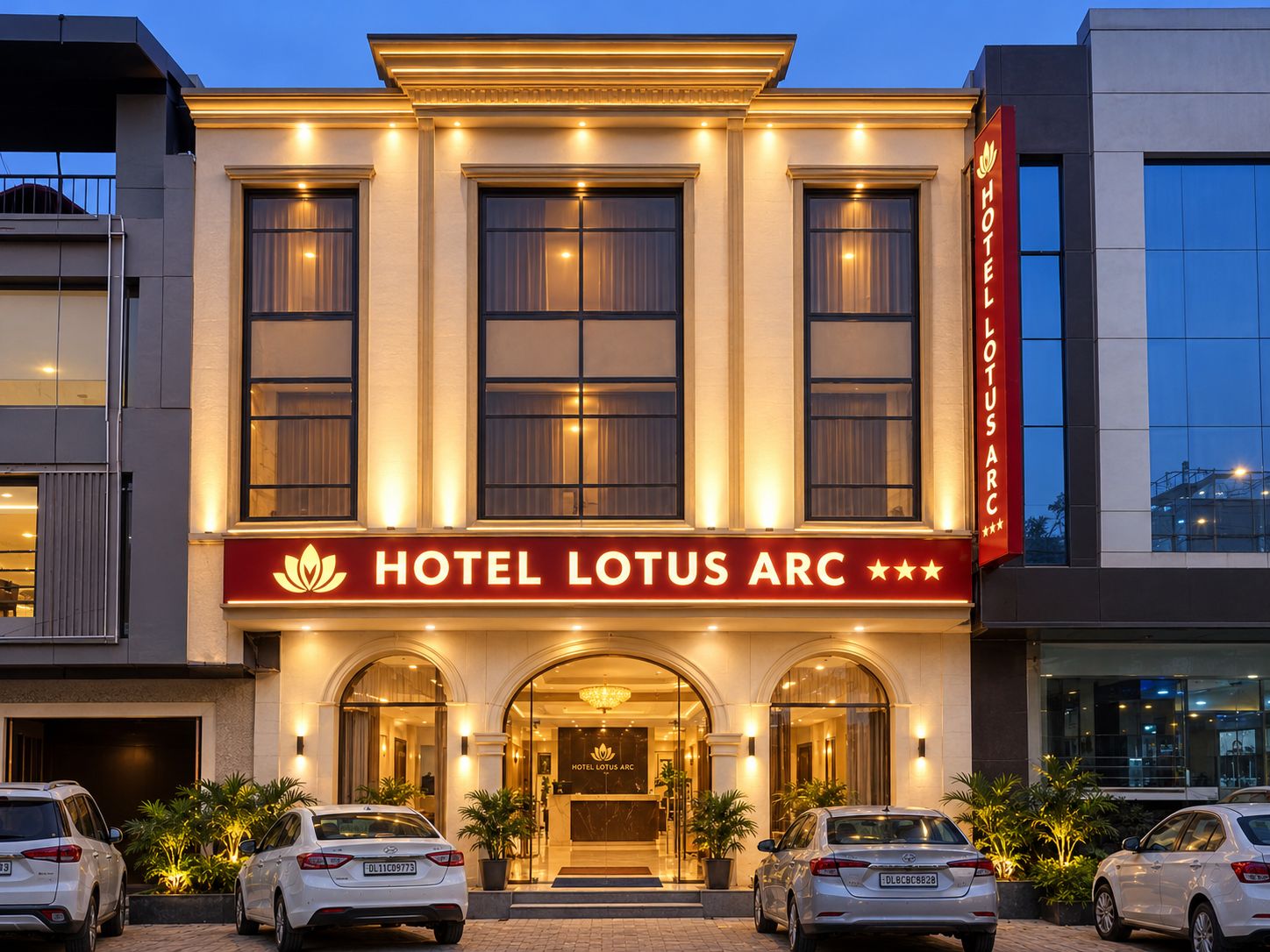 Een hotel met een opvallend bord waarop 'HOTEL LOTUS ARC' staat, een moderne gevel met grote ramen en een goed verlichte entree.