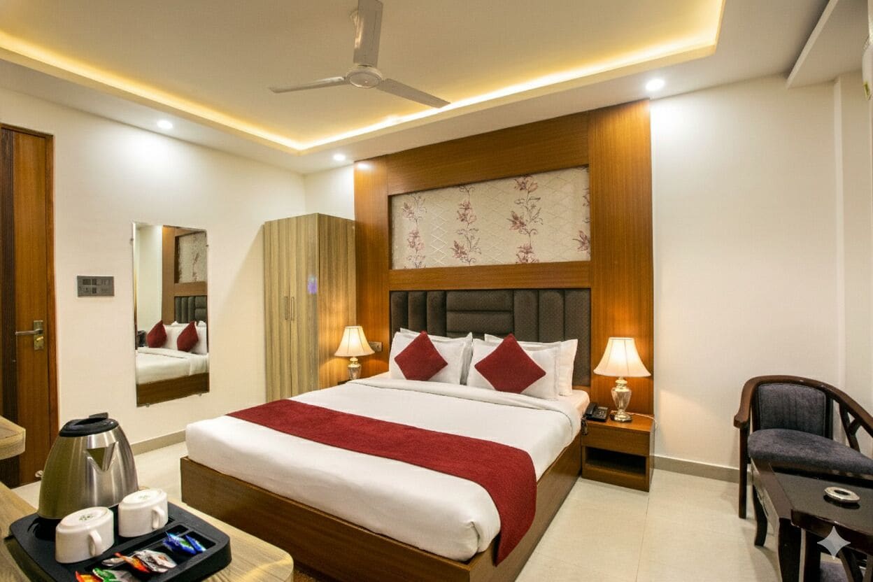 Premium bedding, memory foam beds, laptop workspace, soundproofing