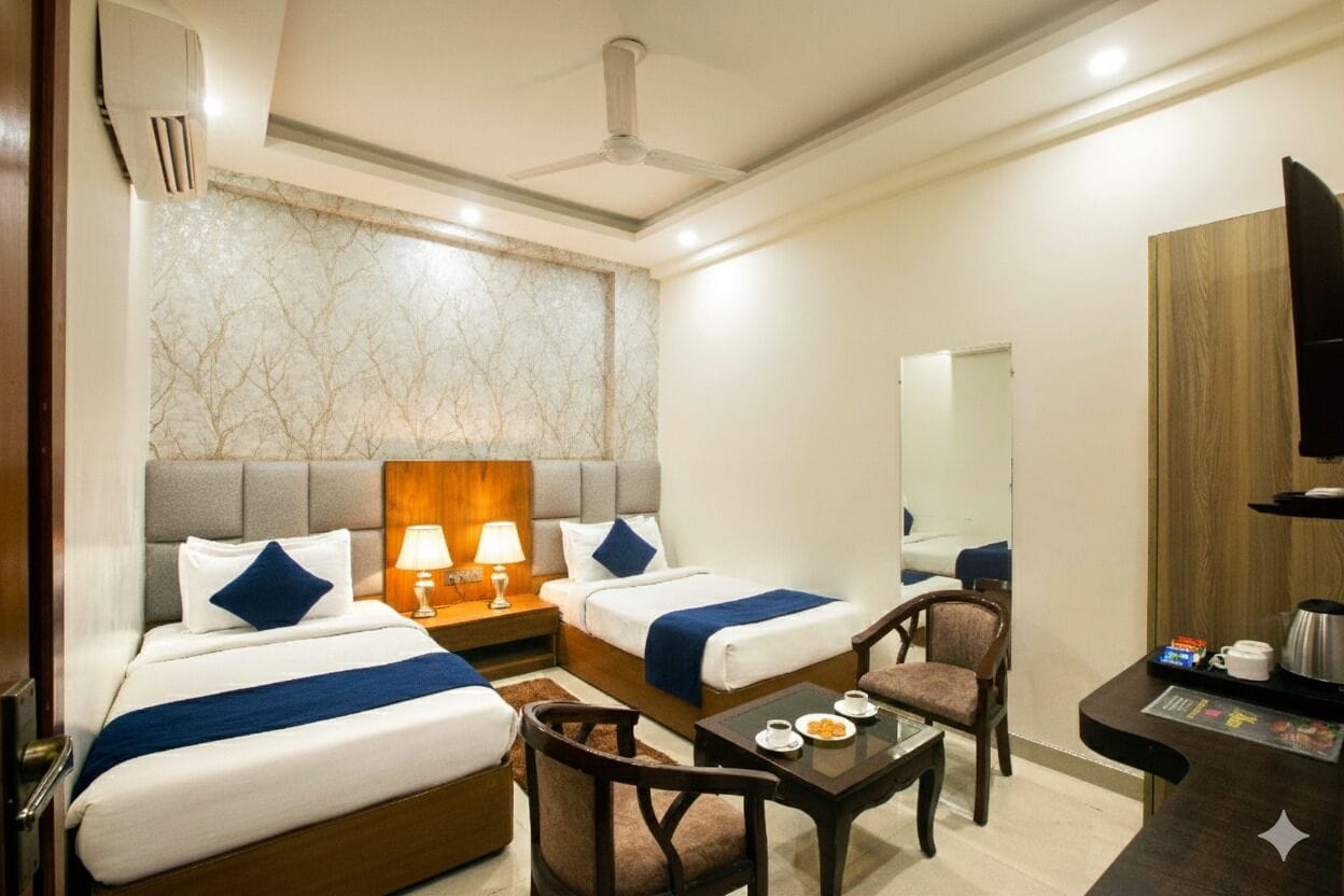 Premium bedding, memory-foam beds, laptop workspace, soundproofing