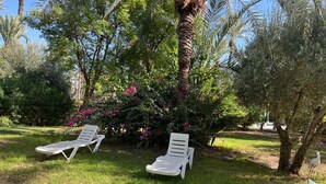 Twee witte lounge stoelen in een tuin met palmstruiken en bloeiende struiken.