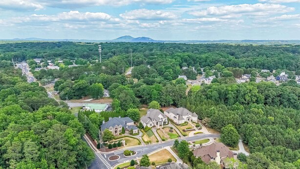 A residential area with houses, roads, and a large green park.
