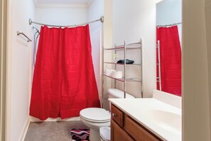 Shower, hair dryer, shampoo