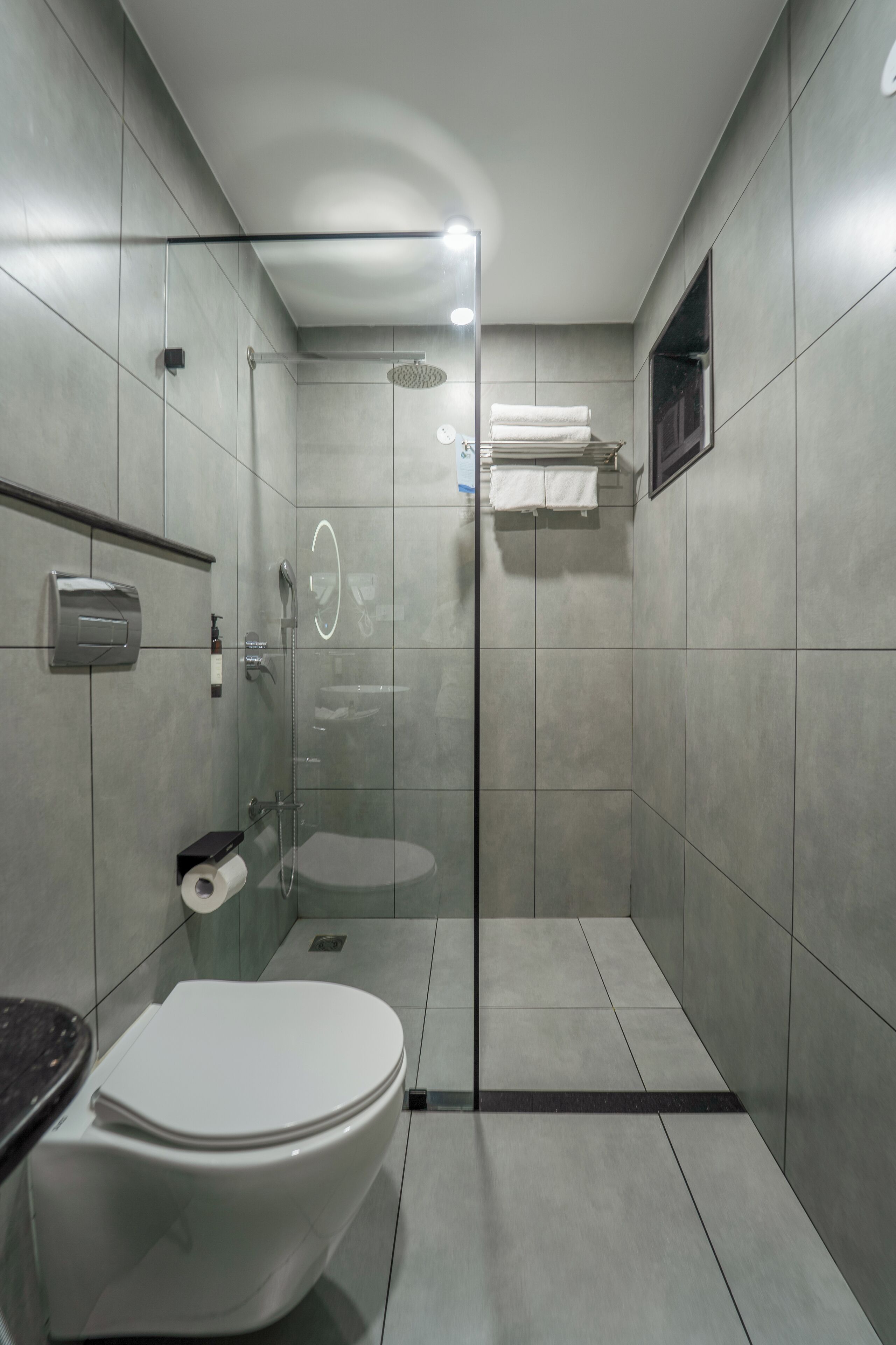 Un baño moderno con ducha de vidrio, inodoro y perchero para toallas.