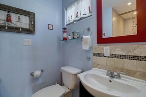 Shower, hair dryer, shampoo