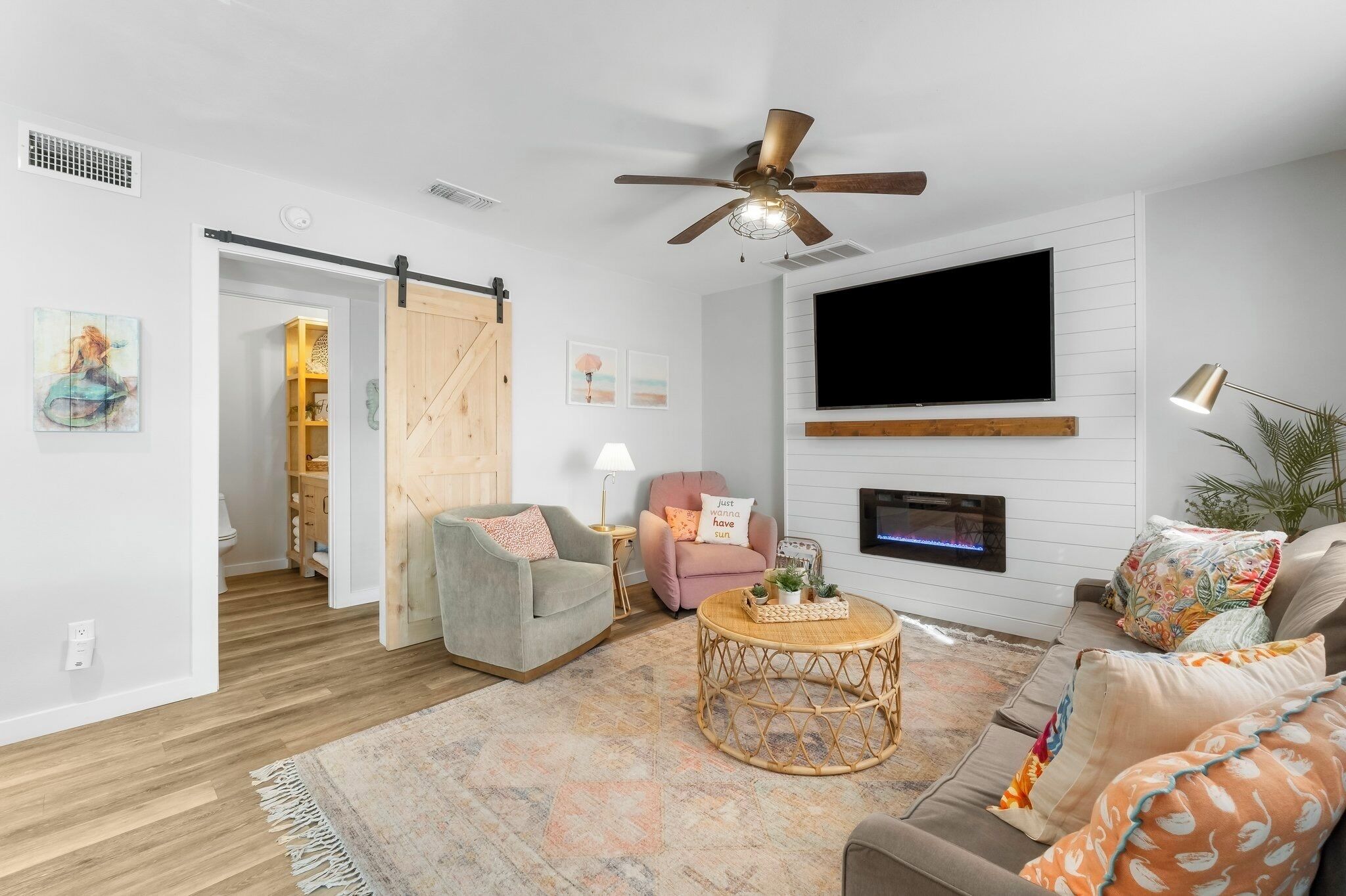 Smart TV, fireplace, books