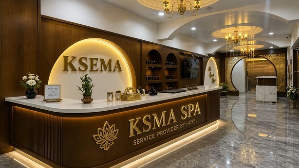 Ein Empfangsbereich mit einer Rezeption, einem Schild mit der Aufschrift 'KSMA SPA' und einem Marmorboden.
