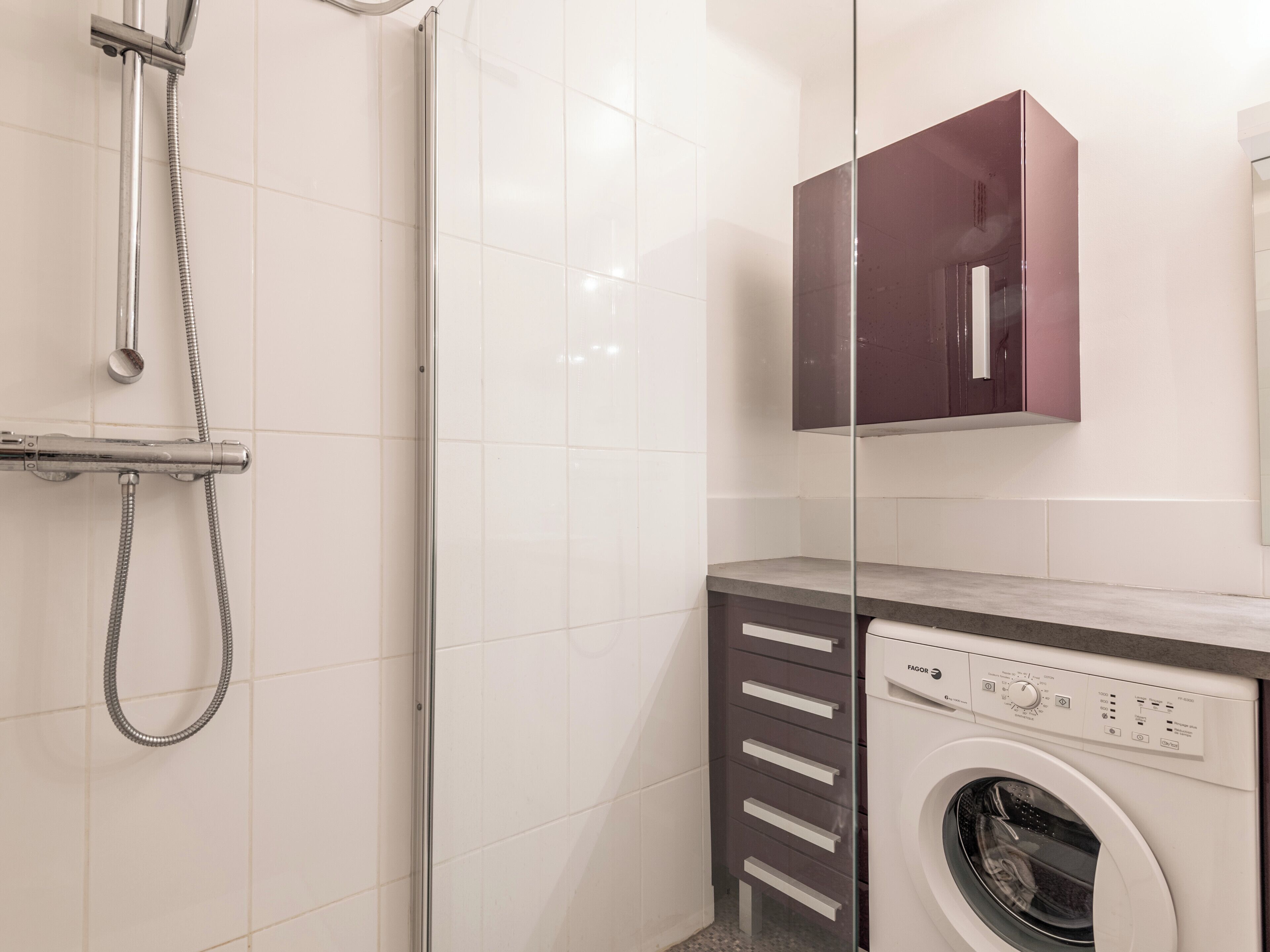 Une salle de bain avec une douche à parois de verre, un lave-linge encastré et un meuble-lavabo.