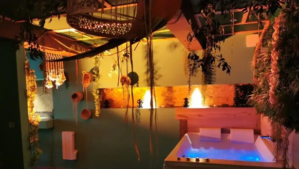 A spa area with a hot tub, hanging plants, and a wooden bench. - Apartment Cocoon jungle, romantic loveroom (Altkirch)