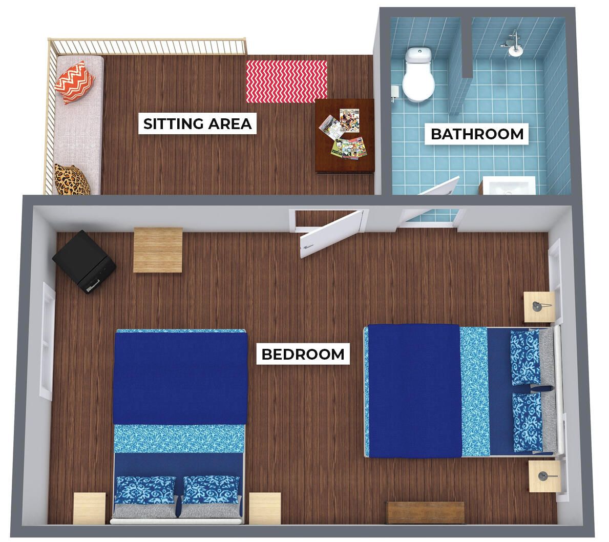 A 2-room layout with a sitting area, a bathroom, and a bedroom.