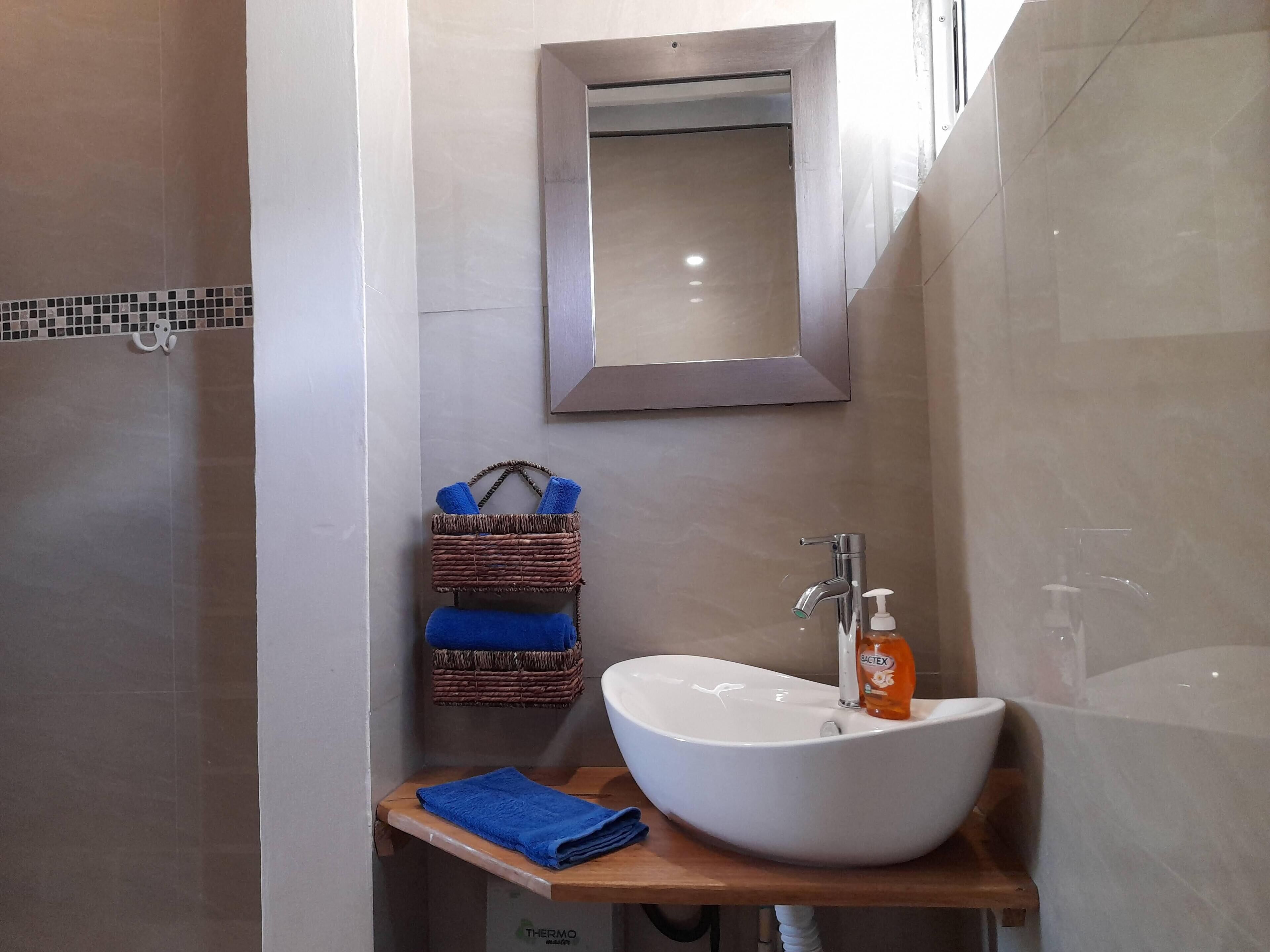 Een badkamer met een witte wastafel, een spiegel, een handdoekhouder met handdoeken en een fles handzeep.