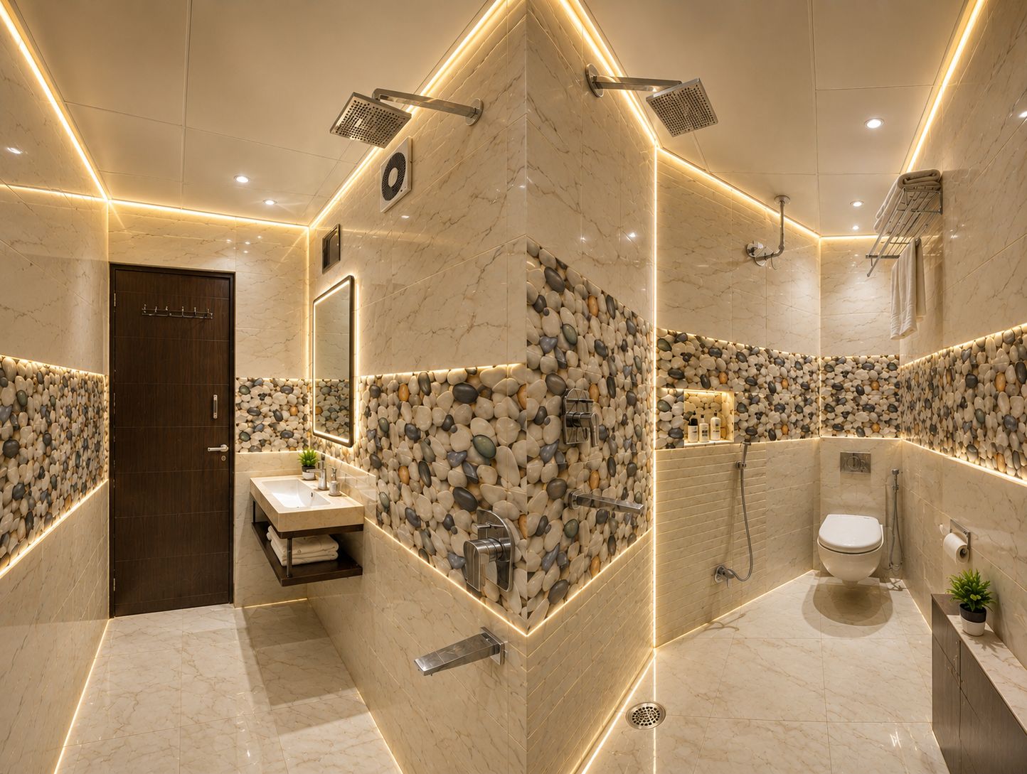 Un baño moderno con piso de mármol, un lavamanos con espejo, zona de ducha y un inodoro.