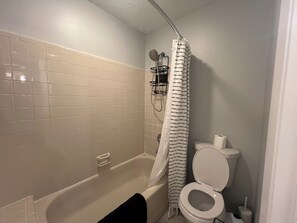 Hair dryer, towels, soap, shampoo