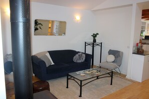 Smart TV, fireplace, books