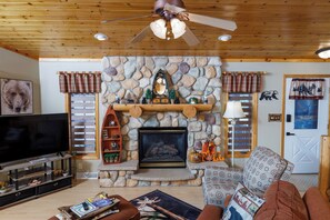 Smart TV, fireplace, books, offices