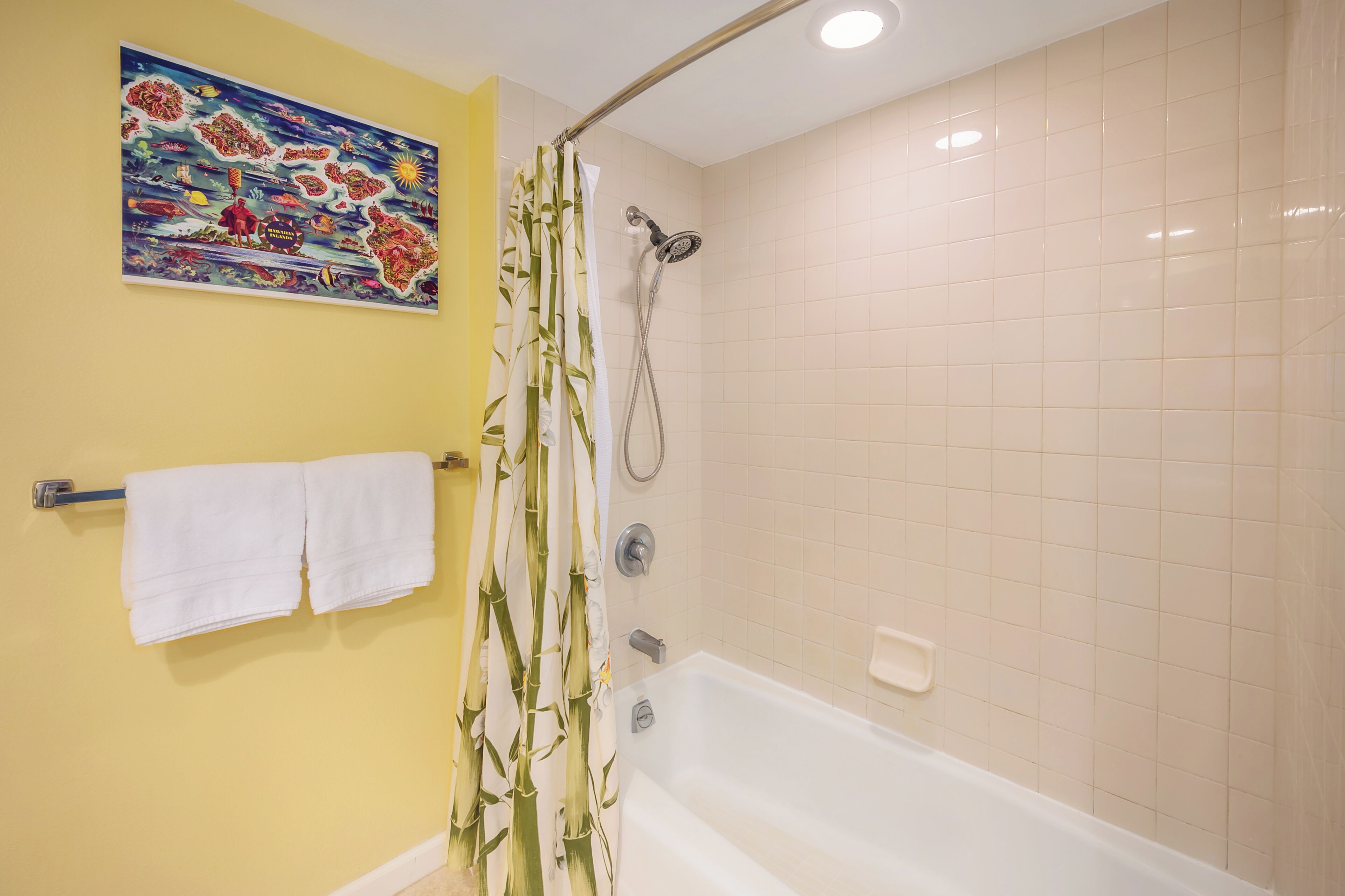 Une salle de bain équipée d’une douche, d’une baignoire, d’un porte-serviettes avec des serviettes et d’un tableau accroché au mur.
