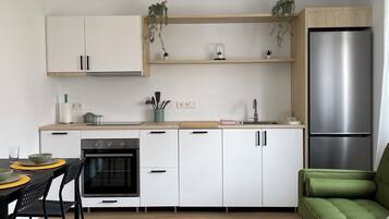 Studio Suite, 1 Queen Bed, Ensuite, Mountain View | Private kitchen | Cookware/dishes/utensils, spices, cleaning supplies, paper towels