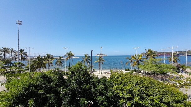 A coastal view with a beach, palm trees, and a clear blue sky. - panamerican hostel  (Santa Marta)