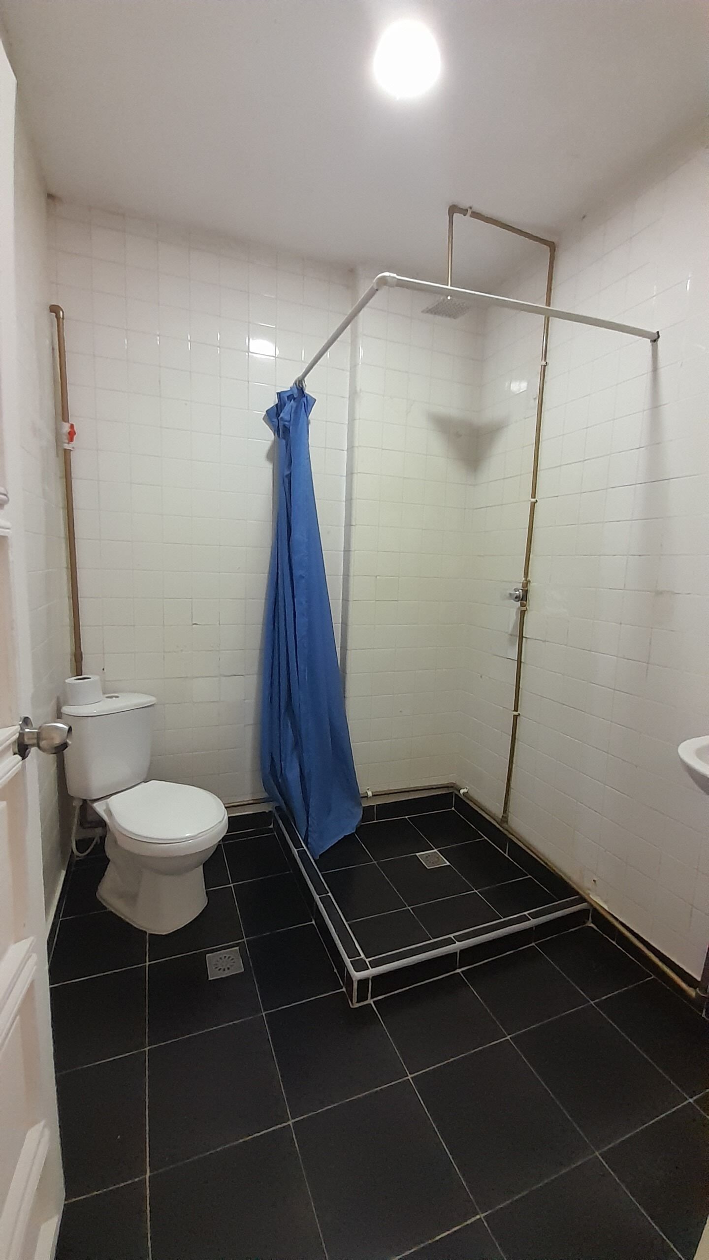 A small bathroom with a toilet, a shower area with a blue shower curtain, and a white sink.