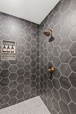 Hair dryer, towels, soap, shampoo