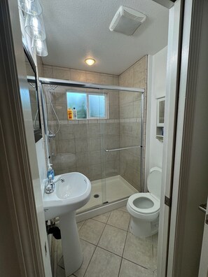 Hair dryer, towels, soap, toilet paper