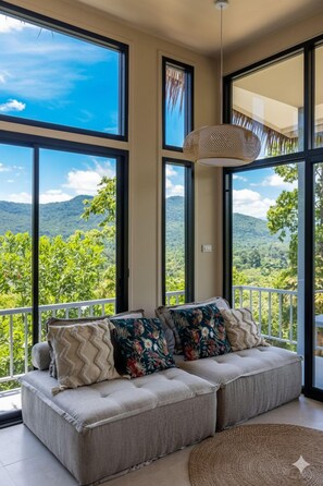 Design Villa, 2 Bedrooms, Terrace, Sea View | Living area | 72-inch Smart TV with digital channels, Netflix, iPod dock - BOHO Boutique Bungalows (Ko Pha-ngan)