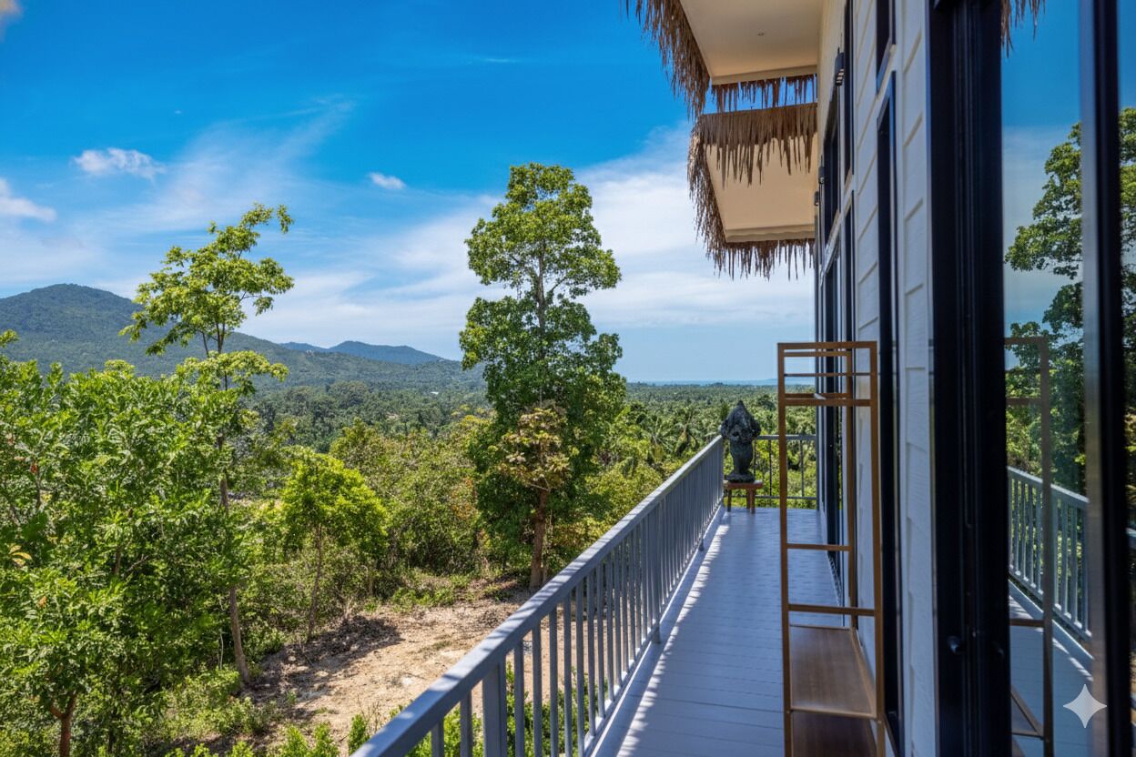 A balcony with a view of a forest and mountains.