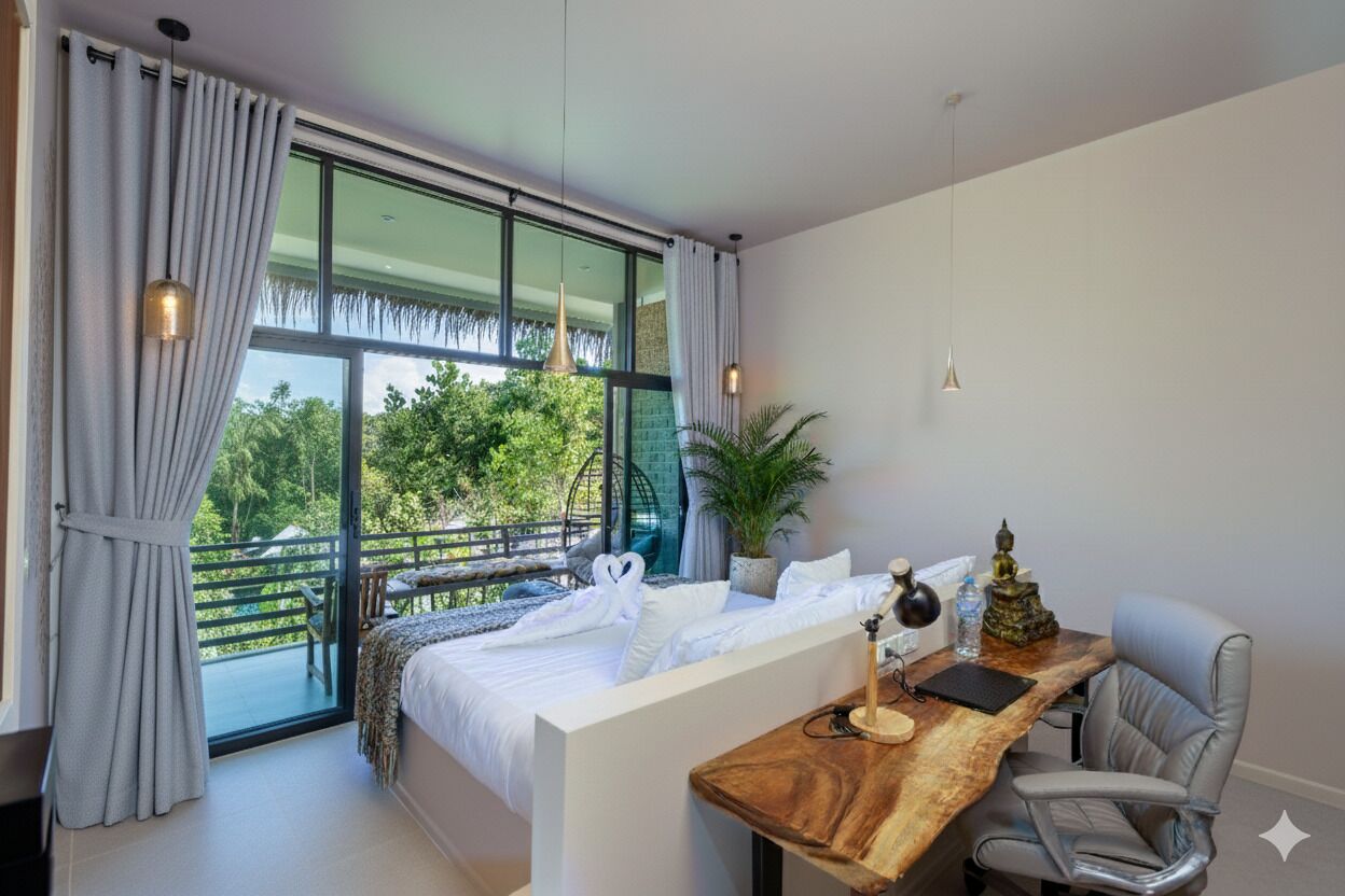 A bedroom with a large window, a bed, a desk, a chair, and a potted plant.