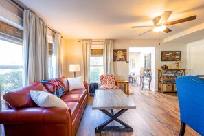 Smart TV, fireplace, books