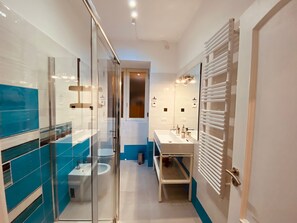 Shower, hair dryer, bidet, towels