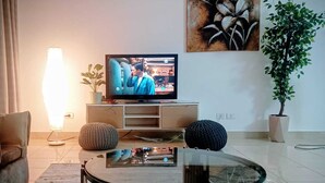 Een woonkamer met een flatscreen televisie op een houten standaard, een glazen salontafel, een bank, een vloerlamp en twee potplanten.