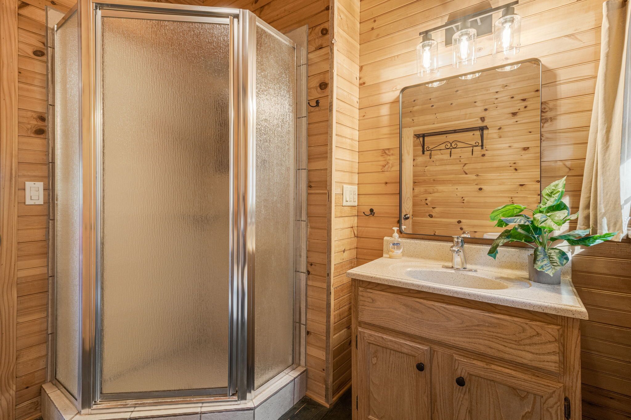 Une salle de bain aux murs lambrissés, dotée d’une douche en verre, d’un lavabo avec un miroir et d’une plante en pot.