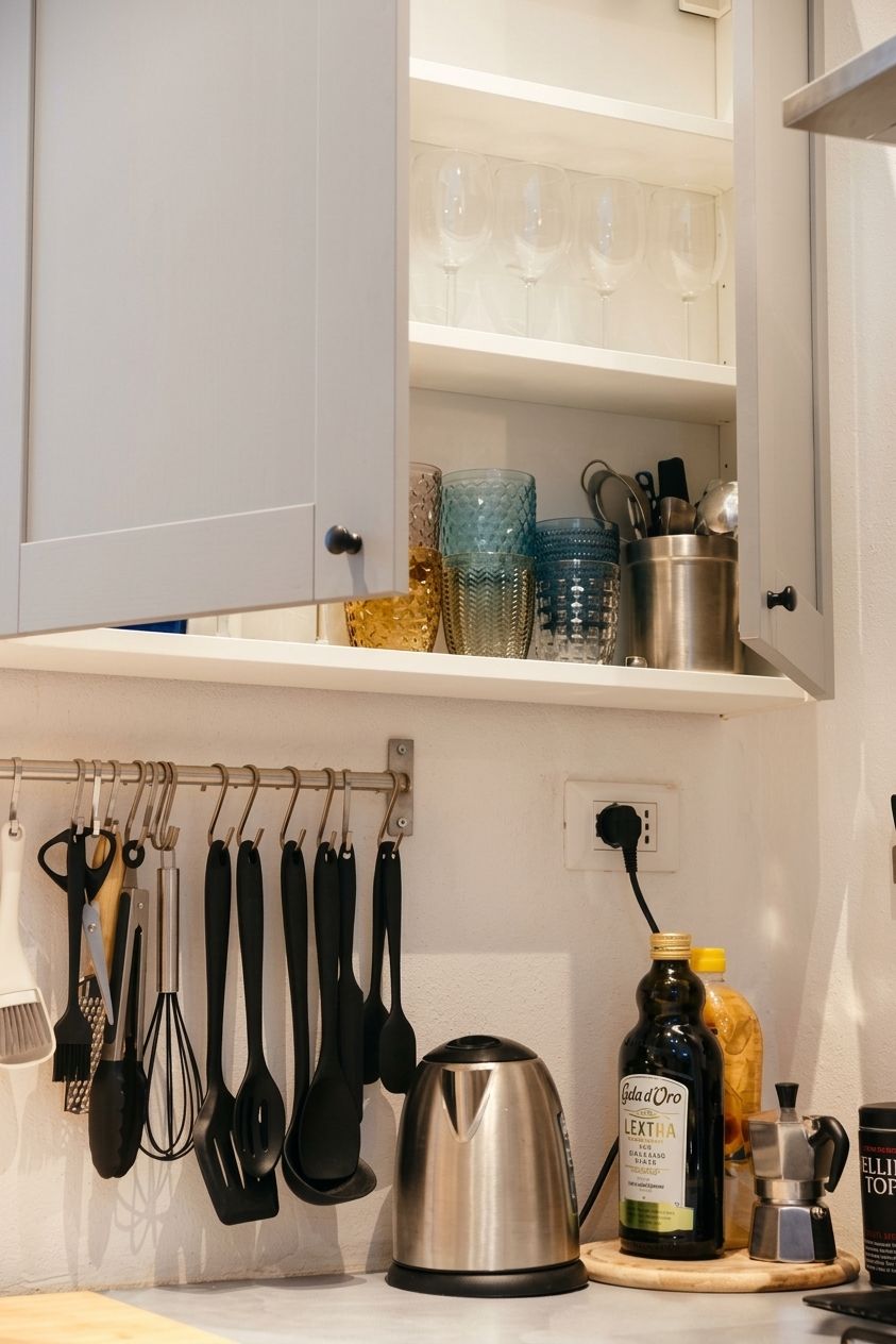 A kitchen with utensils hanging, a kettle, a bottle of Lextha, and a coffee maker.