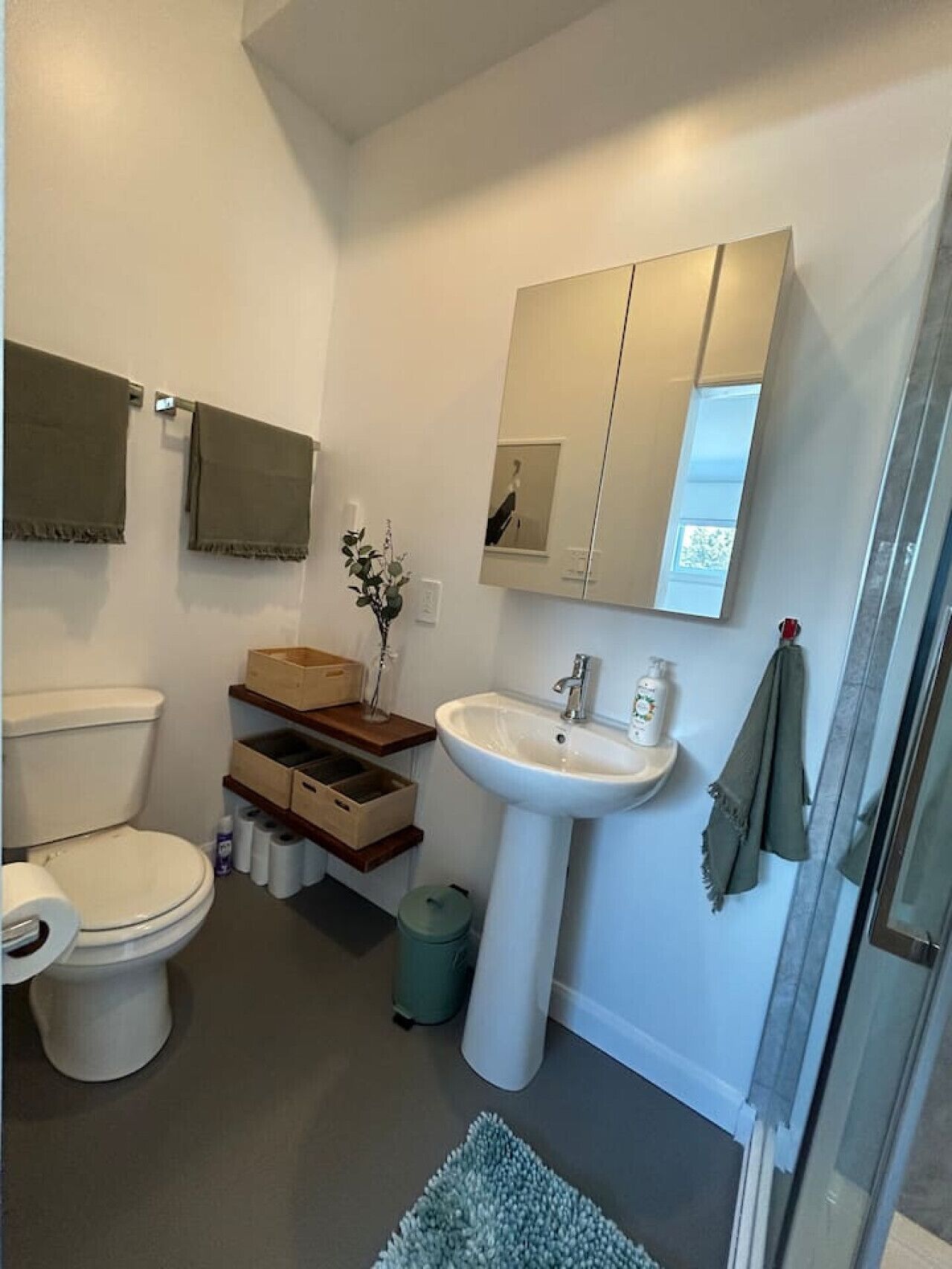 Une salle de bain avec des toilettes, un lavabo et un miroir. Des serviettes sont accrochées au mur et il y a une poubelle.