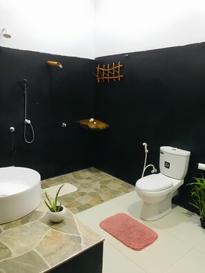 Douche, sèche-cheveux, serviettes fournies, savon