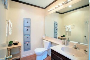 Hair dryer, towels, soap, toilet paper