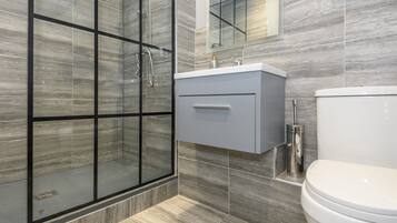 Shower, hair dryer, towels
