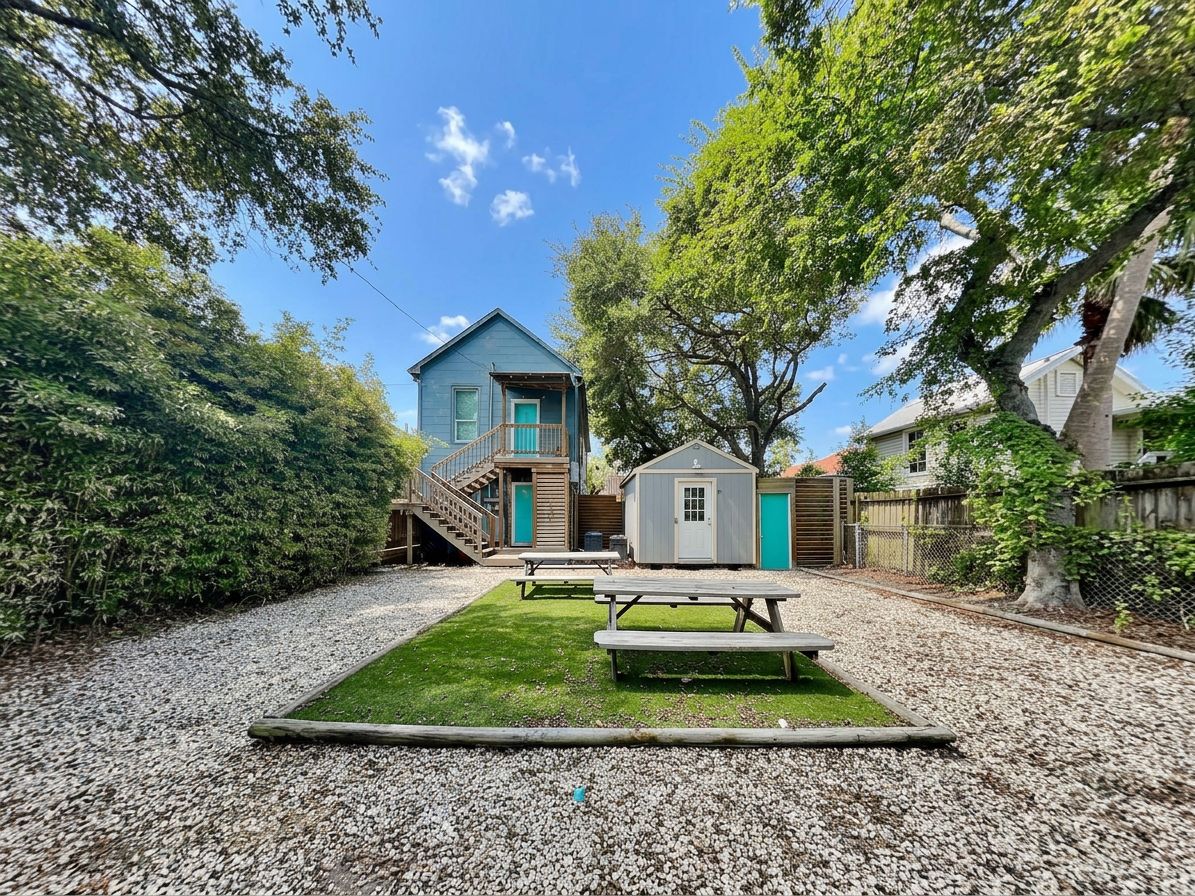 Een achtertuin met een houten terras, twee picknicktafels, een tuinhuisje en een woning met een blauwe gevel.