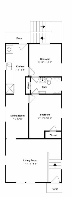A floor plan of a house with a deck, kitchen, dining room, two bedrooms, a bathroom, a living room, and a porch.