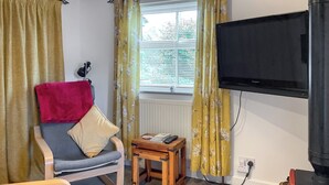 A living room with a sofa, a chair with a red blanket, a small wooden table with a remote control, a television, and a window with curtains. - 1 bedroom accommodation in Tregaron (Tregaron)