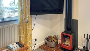 A living room with a flat-screen TV mounted on the wall, a wood-burning stove, a window with blinds, and a small table with books and a remote control. - 1 bedroom accommodation in Tregaron (Tregaron)