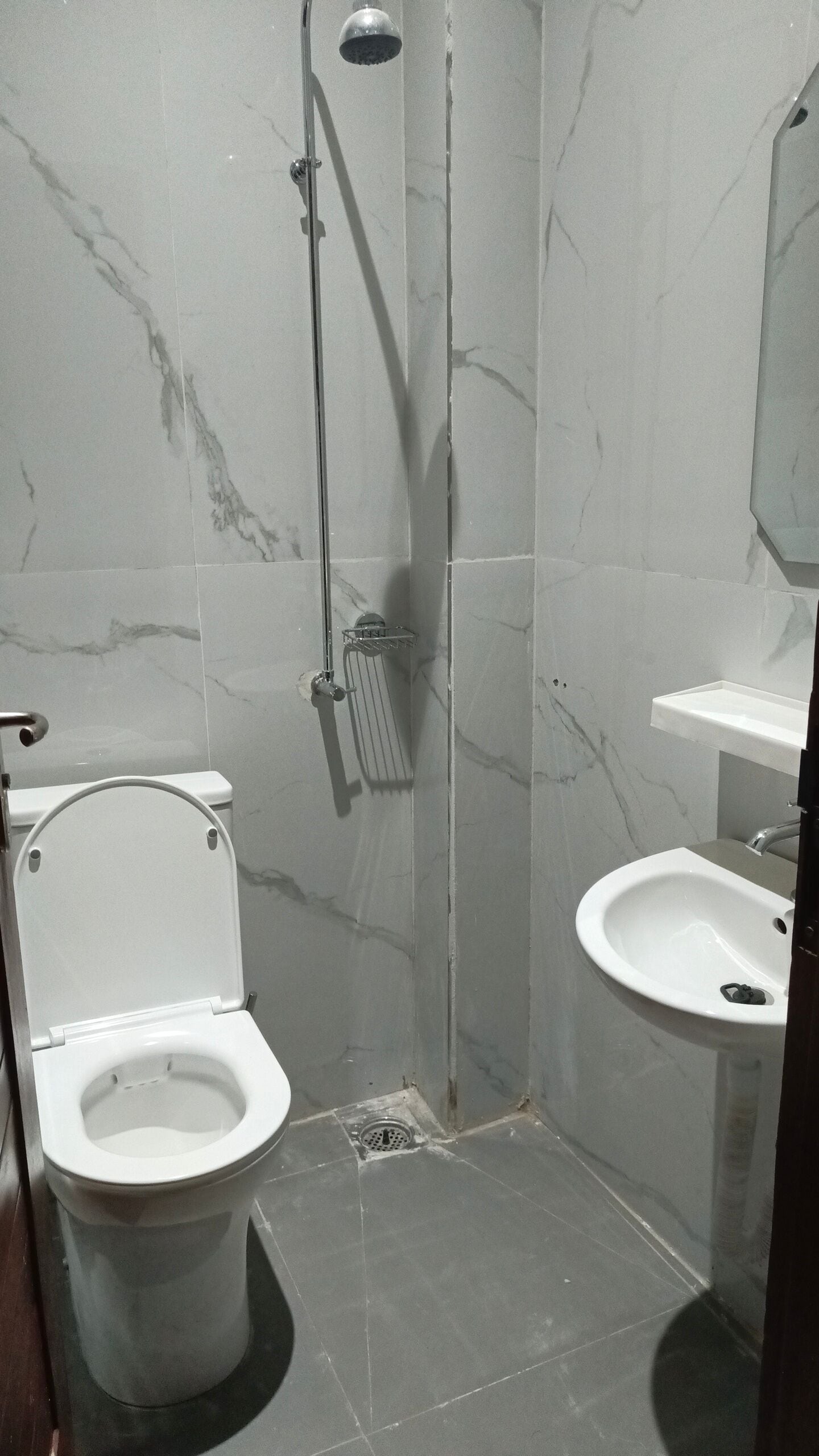 Een badkamer met toilet, douche en wastafel.